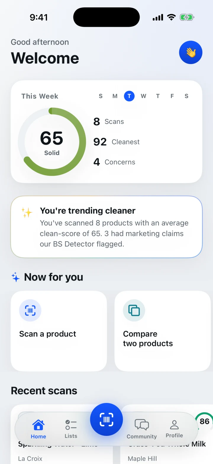 Sync'd home — your weekly clean-score and recent scans